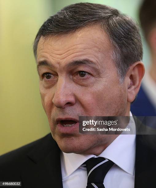 Russian billionaire and businessman Aras Agalarov speaks during the opening of the Yeltsin Center on November 25, 2015 in Nizhny Tagil, near...