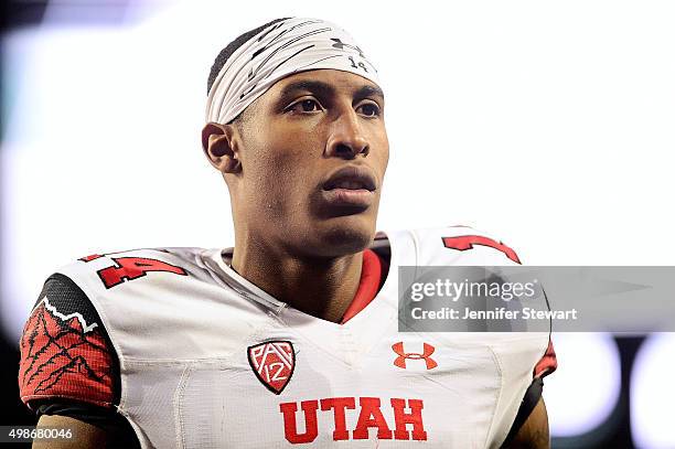 Defensive back Brian Allen of the Utah Utes walks off the field after the game against the Arizona Wildcats at Arizona Stadium on November 14, 2015...