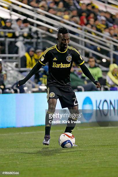 Harrison Afful of the Columbus Crew SC controls the ball during the match against the New York Red Bulls on November 22, 2015 at MAPFRE Stadium in...