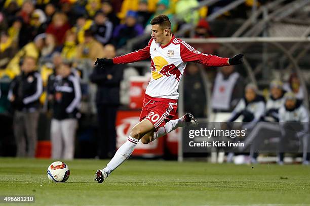 Matt Miazga of the New York Red Bulls controls the ball during the match against the Columbus Crew SC on November 22, 2015 at MAPFRE Stadium in...