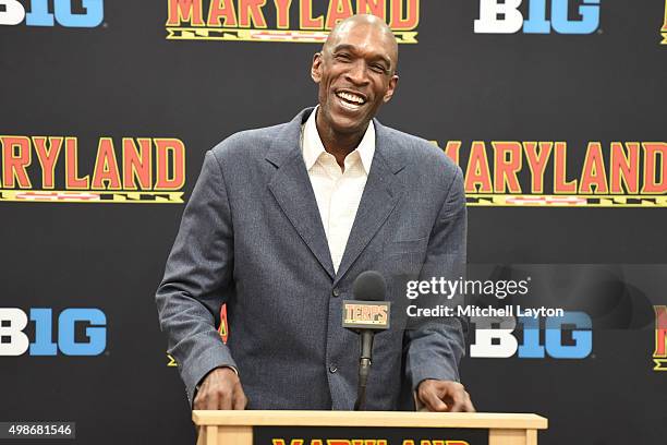 Former Maryland Terrapins basketball player Joe Smith addresses the media before a college basketball game against the Georgetown Hoyas at the...