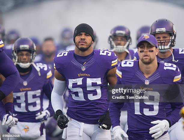 Anthony Barr of the Minnesota Vikings runs onto the field prior to an NFL game against the Green Bay Packers at TCF Bank Stadium November 8, 2015 in...