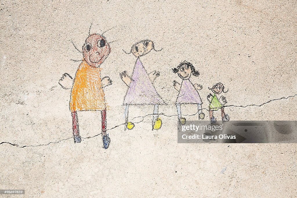 Child's Drawing of Family on Cracked Concrete