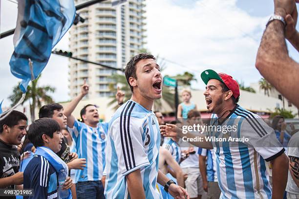 los fanáticos del fútbol argentino celebra-imagen de stock - brazil vs argentina football fotografías e imágenes de stock