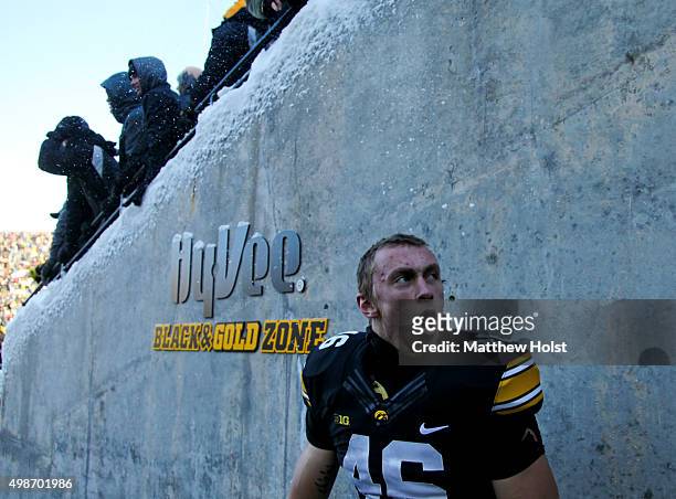 Tight end George Kittle of the Iowa Hawkeyes celebrates as he leaves the field following the match-up against the Purdue Boilermakers on November 21,...