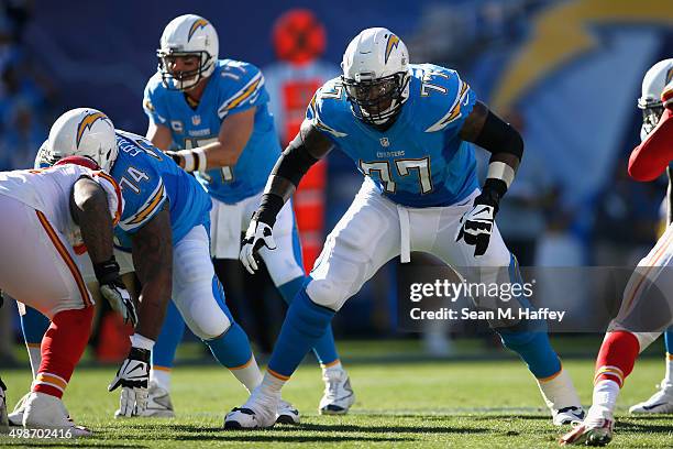 King Dunlap of the San Diego Chargers blocks for Philip Rivers of the San Diego Chargers during a game against the Kansas City Chiefs at Qualcomm...