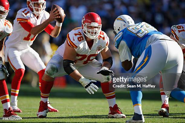 Laurent Duvernay-Tardif of the Kansas City Chiefs blocks Corey Liuget of the San Diego Chargers during a game at Qualcomm Stadium on November 22,...