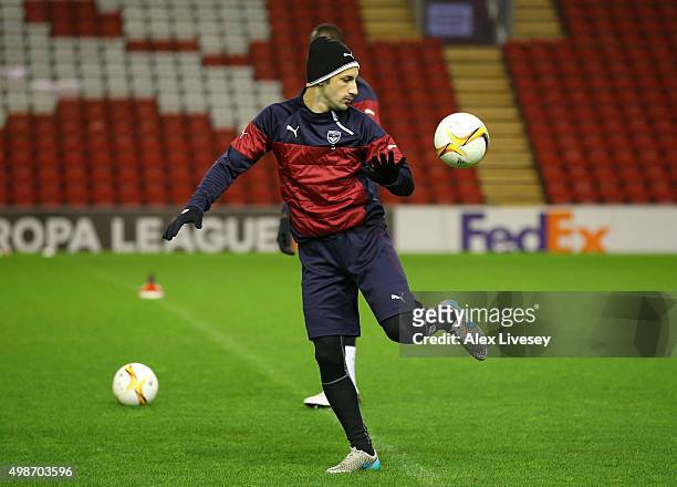 Diego Contento of FC Girondins de Bordeaux controls the ball during a training session at Anfield on November 25, 2015 in Liverpool, United Kingdom.