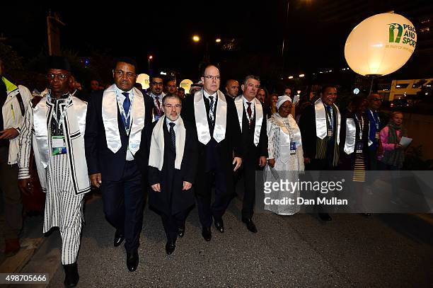 Delegates led by Prince Albert II of Monaco walk from the Fairmont Hotel to the Grimaldi Forum as part of a Peace Walk ahead of the Peace & Sport...