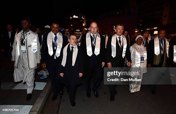 Delegates led by Prince Albert II of Monaco walk from the Fairmont Hotel to the Grimaldi Forum as part of a Peace Walk ahead of the Peace & Sport...