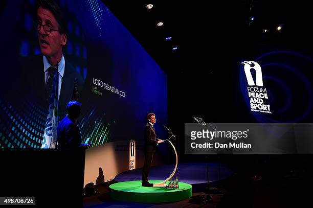Lord Sebastian Coe, President of the IAAF delivers a speech during the Opening Ceremony of the Peace & Sport International Forum on November 25, 2015...