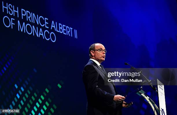 Prince Albert II of Monaco delivers a speech during the Opening Ceremony of the Peace & Sport International Forum on November 25, 2015 in Monaco,...