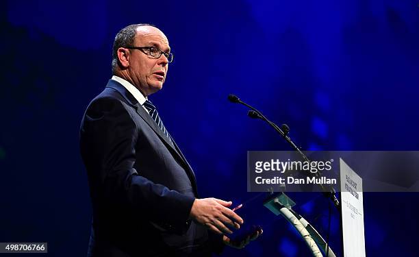 Prince Albert II of Monaco delivers a speech during the Opening Ceremony of the Peace & Sport International Forum on November 25, 2015 in Monaco,...