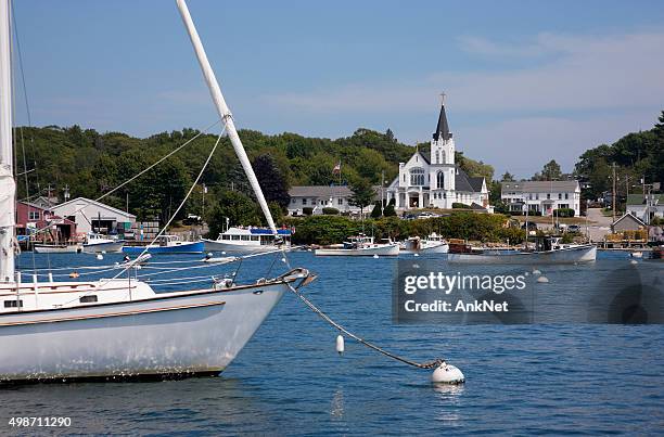 view on boothbay harbor, maine waterfront - boothbay harbor stock pictures, royalty-free photos & images