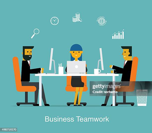 business teamwork - man using desktop computer stock illustrations