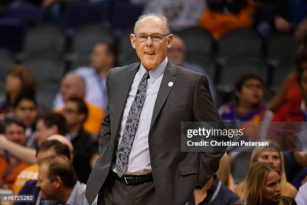 Head coach George Karl of the Sacramento Kings looks on during the NBA game against the Phoenix Suns at Talking Stick Resort Arena on November 4,...