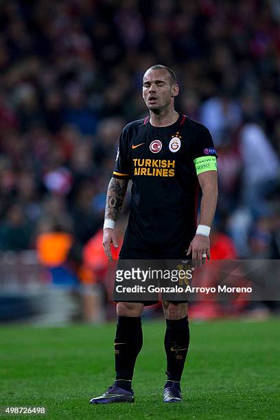 Wesley Sneijder of Galatasaray AS reacts during the UEFA Champions League Group C match between Club Atletico de Madrid and Galatasaray AS at Estadio...