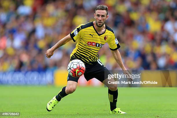 Miguel Layun of Watford in action during the Barclays Premier League match between Watford and West Bromwich Albion at Vicarage Road on August 15,...