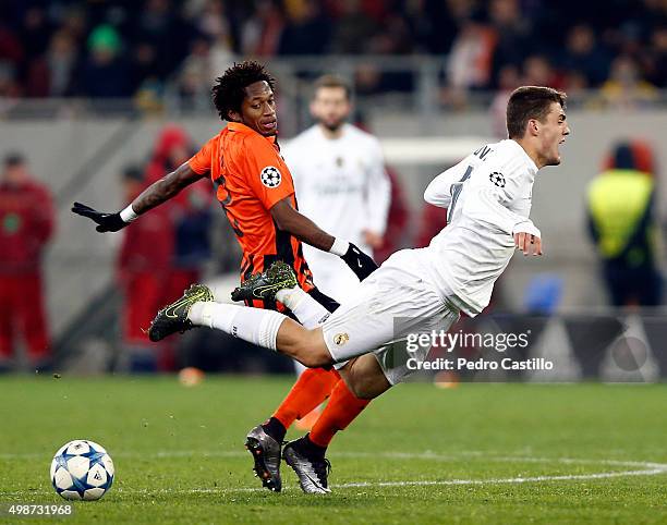 Mateo Kovacic of Real Madrid CF duels for the ball with Fred of FC Shakhtar Donetsk during the UEFA Champions League match between FC Shakhtar...