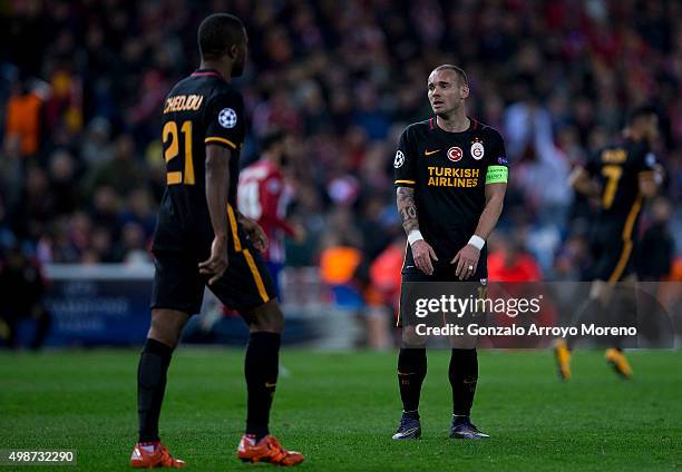 Wesley Sneijder of Galatasaray AS reacts during the UEFA Champions League Group C match between Club Atletico de Madrid and Galatasaray AS at Estadio...