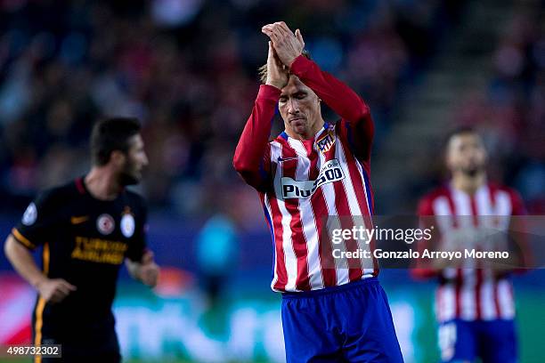 Fernando Torres of Atletico de Madrid claps during the UEFA Champions League Group C match between Club Atletico de Madrid and Galatasaray AS at...