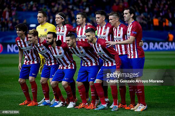 Atletico de Madrid line up prior to start the UEFA Champions League Group C match between Club Atletico de Madrid and Galatasaray AS at Estadio...