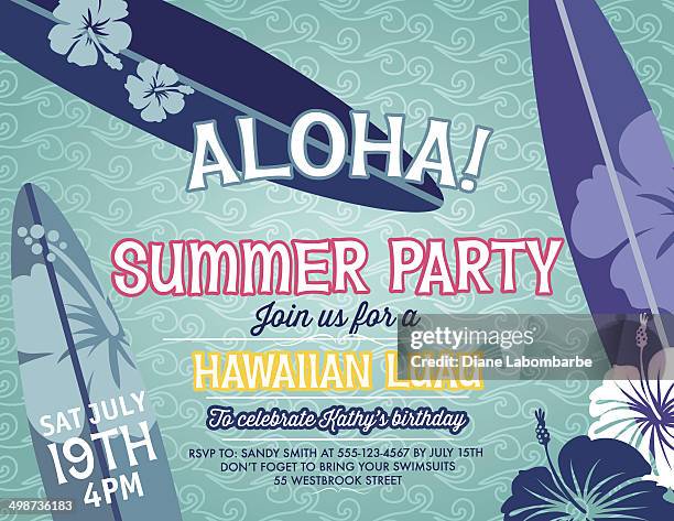 stockillustraties, clipart, cartoons en iconen met summer party invitation with an aloha surfing theme. - hawaiian glyph