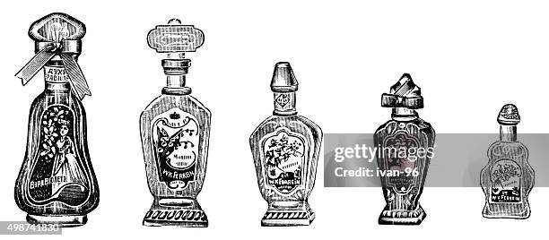 ilustraciones, imágenes clip art, dibujos animados e iconos de stock de botella de perfume - grabado al aguafuerte