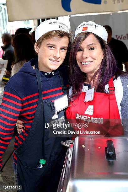 Personality Melissa Rivers and son Cooper Endicott attend Thanksgiving for the Homeless at Los Angeles Mission on November 25, 2015 in Los Angeles,...