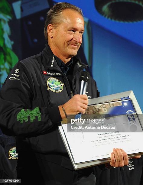 André Borschberg receives the World Record for the longest flight after the premiere of "Le Vol Perpetuel", a documentaty about the round the world...