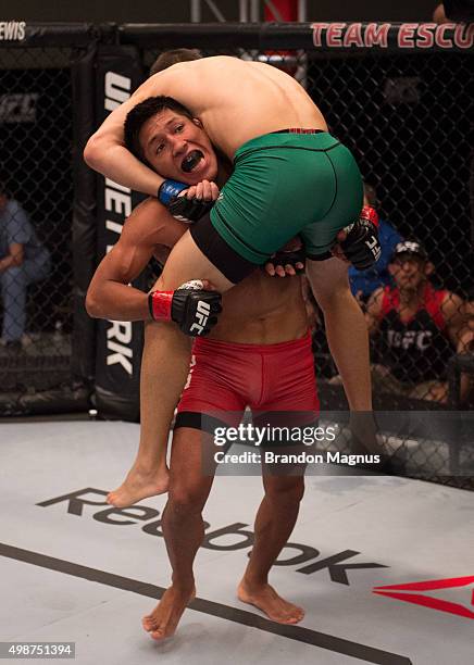 Enrique Barzola takes down Cesar Arsamendia in their semi-finals fight during the filming of The Ultimate Fighter Latin America: Team Gastelum vs...