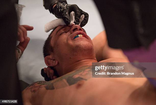 Cesar Arsamendia reacts to his loss to Enrique Barzola in their semi-finals fight during the filming of The Ultimate Fighter Latin America: Team...