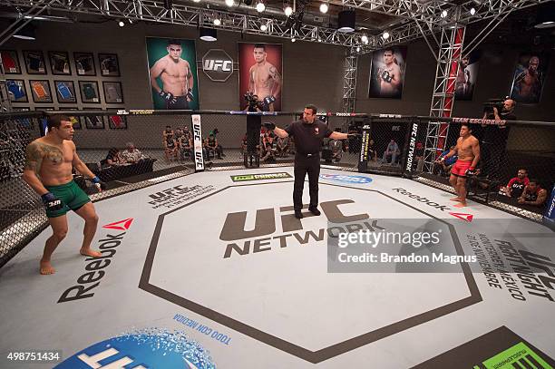 Cesar Arsamendia and Enrique Barzola prepare for the round to begin in their semi-finals fight during the filming of The Ultimate Fighter Latin...