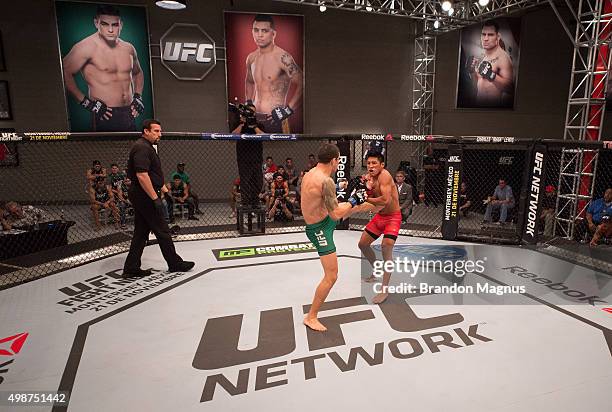 Cesar Arsamendia kicks Enrique Barzola in their semi-finals fight during the filming of The Ultimate Fighter Latin America: Team Gastelum vs Team...