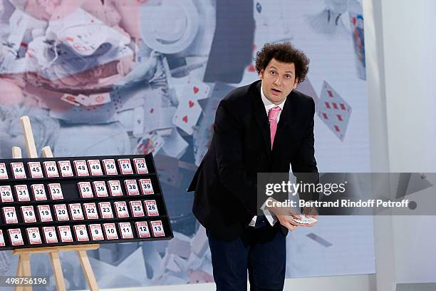 Funny Magician Eric Antoine performs during 'Vivement Dimanche' TV Show at Pavillon Gabriel on November 25, 2015 in Paris, France.