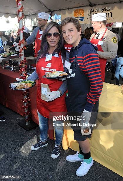 Personality Melissa Rivers and son Cooper Endicott at the Los Angeles Mission Thanksgiving For The Homeless held at Los Angeles Mission on November...