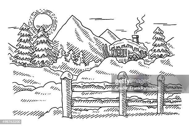 idyllic winter mountain landscape drawing - mountain lodge stock illustrations