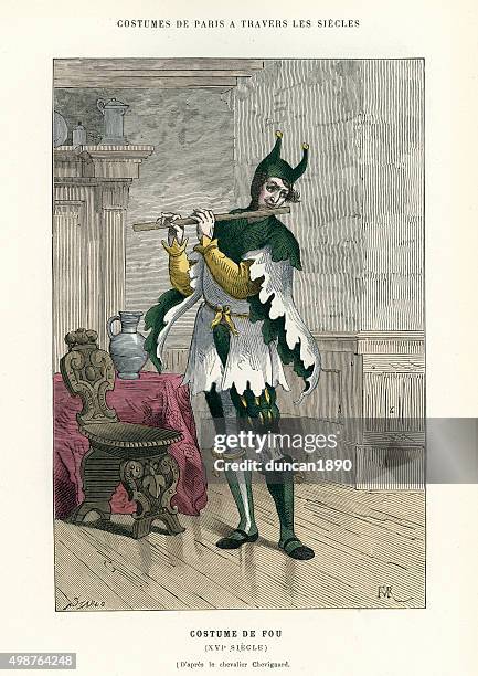 originaltracht-jester oder narr aus dem 16. jahrhundert - flöte stock-grafiken, -clipart, -cartoons und -symbole