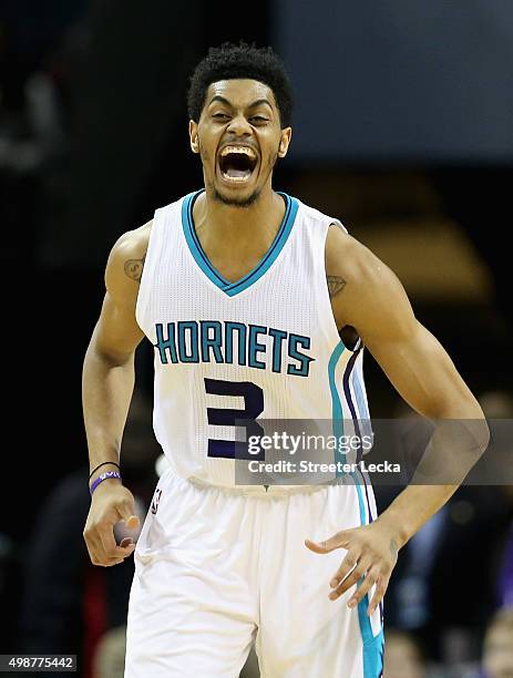 Jeremy Lamb of the Charlotte Hornets reacts after a play during their game against the Washington Wizards at Time Warner Cable Arena on November 25,...