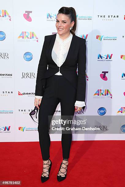 Factor runner up Louise Adams arrives for the 29th Annual ARIA Awards 2015 at The Star on November 26, 2015 in Sydney, Australia.