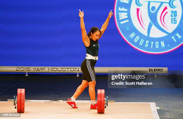 Zoe Smith of Great Britain competes in the women's 63kg weight class during the 2015 International Weightlifting Federation World Championships at...