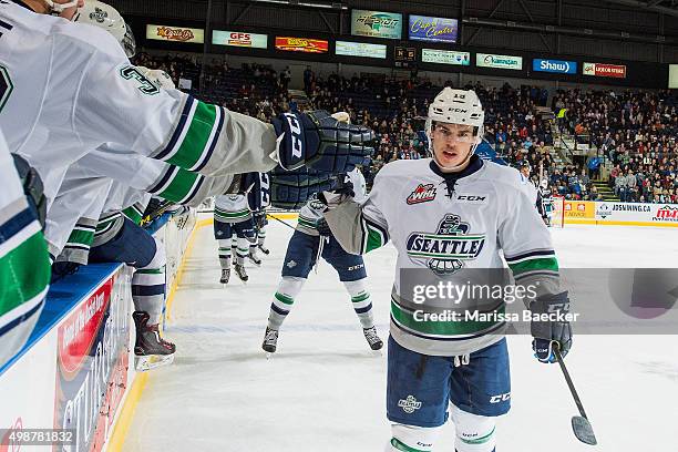 Donovan Neuls of Seattle Thunderbirds celebrates a second period goal against the Kelowna Rockets on November 25, 2015 at Prospera Place in Kelowna,...