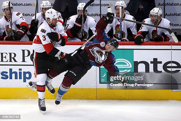 Marc Methot of the Ottawa Senators is penalized for interference for this hit on Matt Duchene of the Colorado Avalanche in the third period at Pepsi...