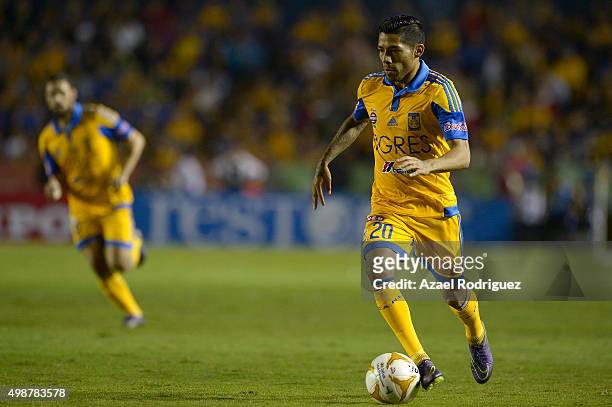 Javier Aquino of Tigres drives the ball during the quarterfinals first leg match between Tigres UANL and Chiapas as part of the Apertura 2015 Liga MX...