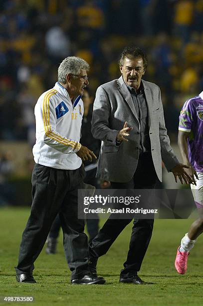 Coaches Ricardo 'Tuca' Ferretti of Tigres and Ricardo Lavolpe of Chiapas talk at the end of the quarterfinals first leg match between Tigres UANL and...