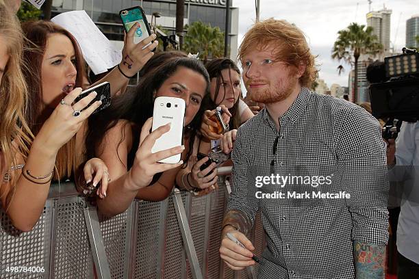 Ed Sheeran takes a selfie with fans on the red carpet ahead of the 29th Annual ARIA Awards 2015 at The Star on November 26, 2015 in Sydney, Australia.