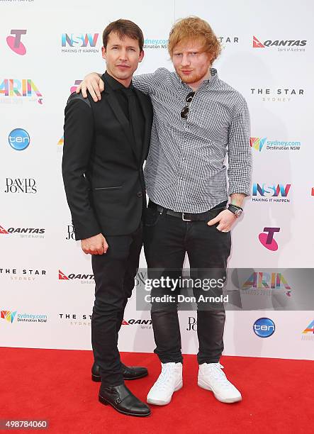 James Blunt and Ed Sheeran arrive for the 29th Annual ARIA Awards 2015 at The Star on November 26, 2015 in Sydney, Australia.