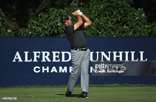 Hennie Otto of South Africa tees off on the 10th hole during day one of the Alfred Dunhill Championship at Leopard Creek Country Golf Club on...
