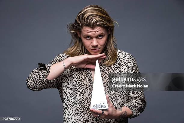 Conrad Sewell poses for a portrait with an ARIA for Song Of The Year during the 29th Annual ARIA Awards 2015 at The Star on November 26, 2015 in...