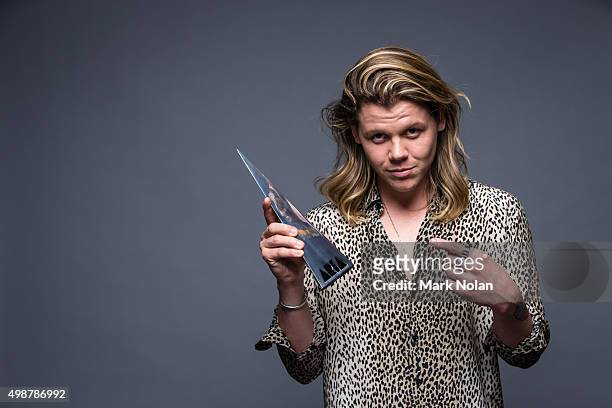 Conrad Sewell poses for a portrait with an ARIA for Song Of The Year during the 29th Annual ARIA Awards 2015 at The Star on November 26, 2015 in...